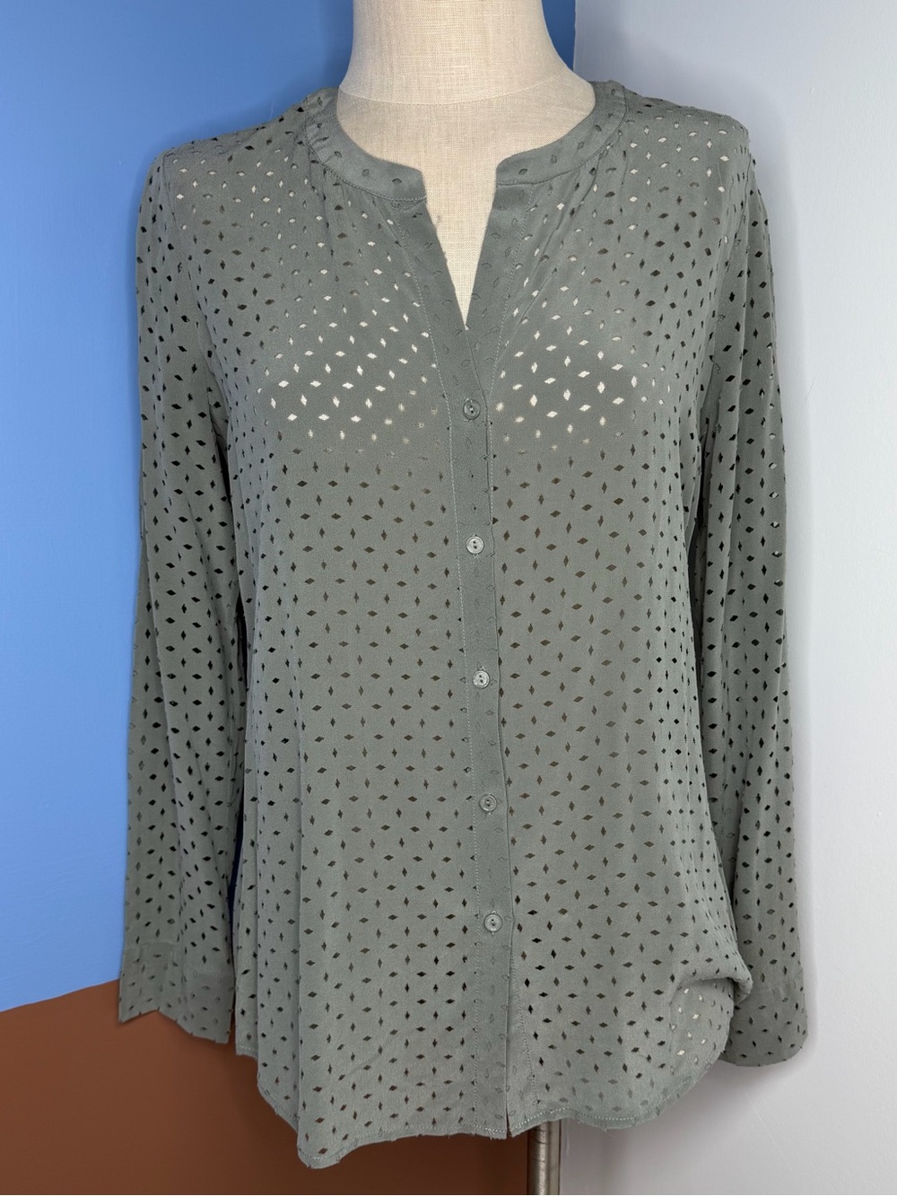 ECRU Laser cut Eyelet Sage Long Sleeve Button Down Silk Blouse Size S